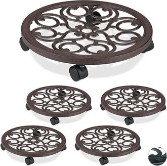 Relaxdays 5 Soportes Para Macetas Con Ruedas, Base Redonda De Interior Y Exterior, &Oslash; 38 Cm, Aluminio, Marr&oacute;n