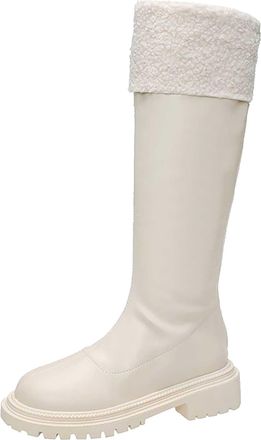 Generic Size 4.5 Girls Knee High Boots Kids Fashion Lug Sole Low Heel Back Zipper Dress Shoes Cute Faux Leather Fall Winter Tall Riding Boots for Toddler Litt