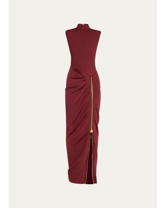 Balmain Mock-Neck Zip Slit Sleeveless Gown