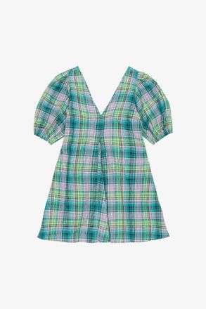 Ganni Green Seersucker Check V-Neck Mini Dress - Size 0 Organic Cotton
