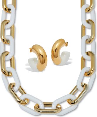 Palm Beach Jewelry Acrylic Link Necklace and Gold Ion-Plated Stainless Steel Hoop Earrings Set