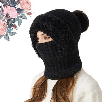 Generic Clockwise Womens Knitted Hat in Autumn and Winter 3 in 1 Cold Resistant Hat, Winter hat Women,Scarf Hat Mask One-Piece Knit Cap (Black)