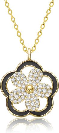 Rachel Glauber 14K Gold Plated with Clear Cubic Zirconia & Black Enamel Flower Design Drop Pendant Necklace