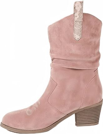 Generic Cowboy Boots for Women Fashion Mid-Calf Low Chunky Heel Side Zipper Motorcycle Style Round Toe Western Boots Suede Pointed Toe Western Work Booties(C-