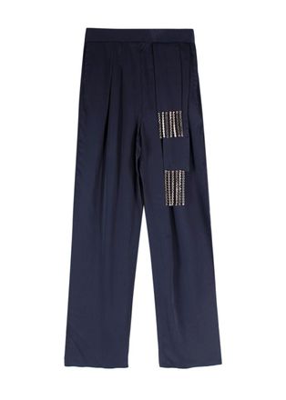 Christopher Kane Navy Wide Leg Satin Trousers with Crystal Embellished Detail Size XS