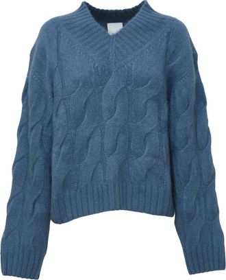 Allude Trui met V-hals en Kabelsteek - Dames - V-hals truien - Blauw - S - Kasjmier - Truien & Vesten