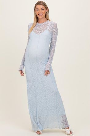 Pinkblush Lace Mock Neck Long Sleeve Maxi Dress in Light Blue at Nordstrom, Size Small