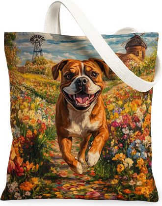 Generic Spring Boxer Dog Canvas Tote Bag for Shopping 13x15, Country Garden Puppy Reusable Grocery Print Pattern Bag for Women, Fun Flower Pet Beach Aesthetic