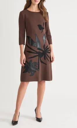 Ming Wang Botanical Appliqué Knit Shift Dress in Dark Umber/Black at Nordstrom, Size X-Large