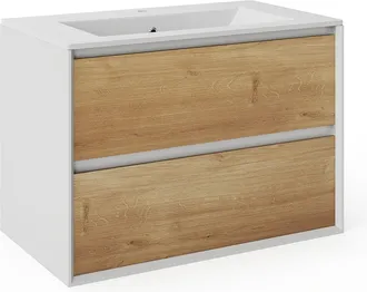 Vente-Unique Mueble de ba&ntilde;o suspendido para lavabo encastrado - Color natural claro y blanco - 80 cm - LANNICK