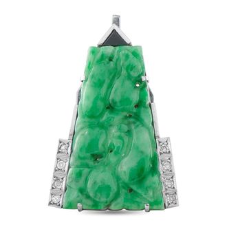Luxury Bazaar 14K White Gold Diamond Carved Jade Art Deco Brooch MF04-082526