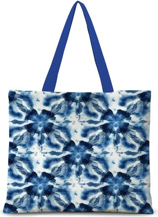 Generic Blue Tie-Dye Canvas Tote Bag, Cotton Linen Shoulder Bag, 15.75 x 13.78 Inches, Artistic Design with Zipper and Inner Pocket (Blue tie-dye 4)