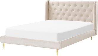 Beliani Cama Con Somier De Terciopelo Beige Dorado 140 X 200 Cm Cabecero Capiton&eacute; Forbach