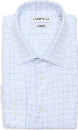 Nordstrom Traditional Fit Check Premium Non-Iron Cotton Dobby Dress Shirt in Blue Elena Grid at Nordstrom, Size 17.5 - 34
