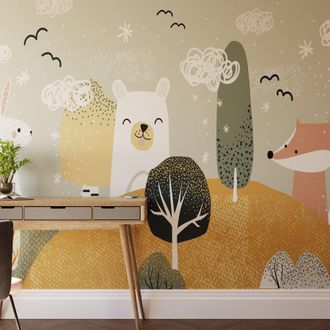 Superfresco Easy Scandi Animals Ochre Print To Order 3m x 2.8m Mural in Yellow