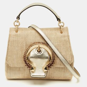 Jimmy Choo London Crystal Madeline Gold Woven Raffia Top Handle Bag
