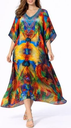 Ranee&rsquo;s Print V-Neck Maxi Caftan in Orange at Nordstrom Rack
