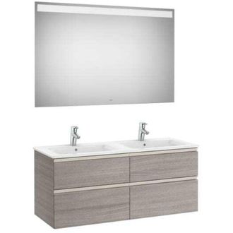 Roca Roca - Pack De Mueble Base De Cuatro Cajones, Lavabo Doble Y Espejo Led The Gap Color: Roble City Texturizado