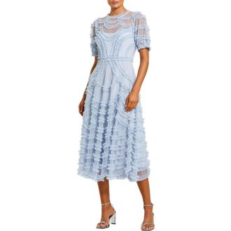 Mac Duggal High Neck Short Sleeve Ruffled Midi Dress in Periwinkle at Nordstrom, Size 12