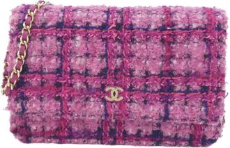 Chanel Black Navy Pink Wool Cotton Chain/Shoulder Wallet (Pre-Owned)