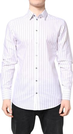 Dolce & Gabbana Mens White Stripes Cotton Gold Formal Dress Shirt