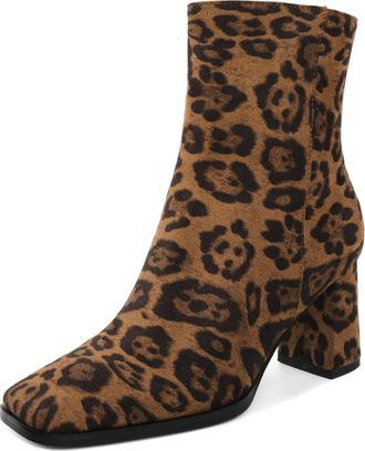 EDEFS Womens Suede Leopard Square Toe Ankle Boots - 3 Inches Block Heel Suede Leopard Ankle Booties for Women Office & Fashion Wear UK3