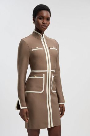 Karen Millen Womens Figure Form Bandage Knit Piping Detail Military Mini Dress - Taupe - Size 16 UK