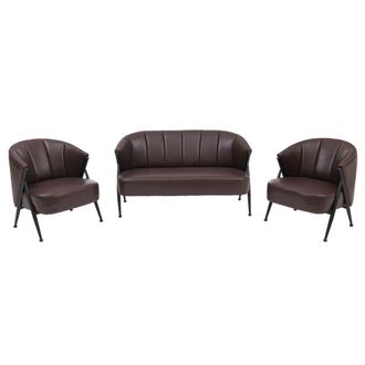 Hhg [non Utilizzato] Set Da Salotto Hhg-688, Divano A 2 Posti, 2 Poltrone, Stile Vintage Retr&ograve; Industriale, Metallo, Ecopelle, Marrone Scuro