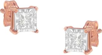 House of Brilliance 14K Rose Gold Plated Silver 1/2 Ct Princess Diamond Solitaire Stud Earrings in White at Nordstrom