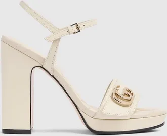 Gucci Womens Platform Sandal With Double G, Beige, Leather