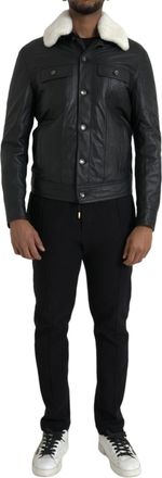 Dolce & Gabbana Black Leather Fur Collar Biker Coat Mens Jacket
