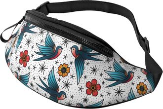 Generic Oldschool Tattoo Birds Flowers Waist Packs Bum Bag Fashion Fanny Packs For Camping Sport Shopping 14X35Cm