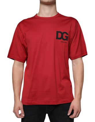 Dolce & Gabbana Mens Red Cotton Dg Logo Print Crew Neck T-Shirt