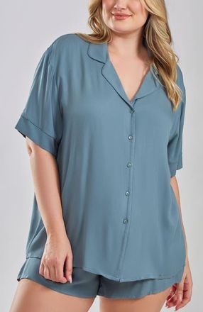 iCollection Organic Cotton and Tencel Notched Collar Pajama Set in Blue at Nordstrom, Size 1X