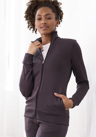 Bench Sweatjacke BENCH. LOUNGEWEAR, Damen, Gr. 32/34, grau (stone), Interlock, Obermaterial: 60% Baumwolle, 40% Polyester, bestickt, unifarben, Basic, beque