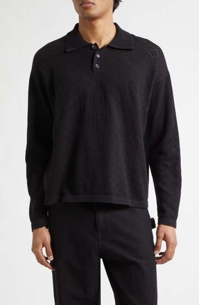 Bode Anisette Floral Pointelle Stitch Cotton Polo Sweater in Black at Nordstrom, Size X-Large