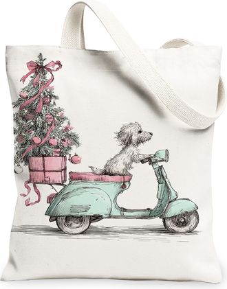 Generic Christmas Dog Canvas Tote Bags, Fanciful Animal Design Reusable Grocery Bags, Vintage Lightweight Washable Canvas for Trave, White, 13x15 Inch