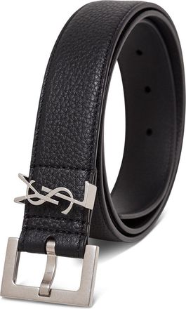 Saint Laurent Mens Leather Belt With Logo Buckle, Black