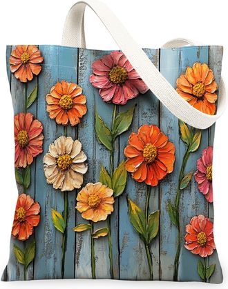 Generic Spring Zinnia Flower Canvas Tote Bag for Shopping 13x15, Farmhouse Rustic Florals Reusable Grocery Print Pattern Bag for Women, Country Beach Aestheti