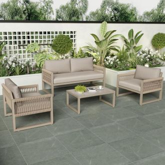 C&A 4-Person Outdoor Patio Lounge Set with Space-Saving Sofa and Glass Coffee Table in Khaki