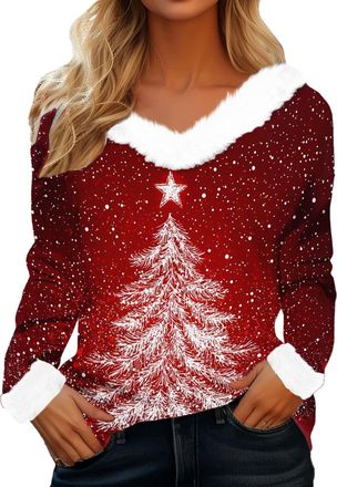 Generic Christmas Jumpers for Women UK Fluffy V Neck Christmas Sweatshirts for Women Plush V-Neck Ladies Novelty Tops Warm Fashion Slim Fit Pullover Lightweig