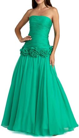 Mac Duggal Strapless Chiffon Drop Waist Ball Gown with Floral Appliqu&eacute; in Spring Green at Nordstrom, Size 12