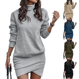 Generic Sweatshirt Dresses for Women UK Thick Turtleneck Sweater Dress Long Sleeve Wrap Dress Winter Warm Cozy Sweater Set Business Slim Bodycon Dress Vintage