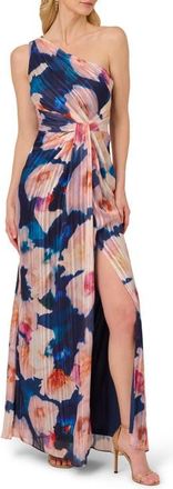 Adrianna Papell Pleated Floral One-Shoulder Chiffon Gown in Navy/blush at Nordstrom, Size 12