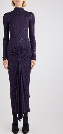 Alaia Crystal Embellished Ruched Long Sleeve Jersey Dress in Aubergine/Noir at Nordstrom, Size 4 Us