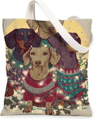 Generic Dog Canvas Tote Bag, Cute Animal Illustration Reusable Grocery Bags, Winter Vintage Lightweight Washable Shoulder Strap Bag, Multicolor, 13x15 Inch
