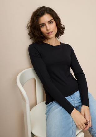 Tamaris Langarmshirt TAMARIS, Damen, Gr. 34, schwarz, Jersey, Obermaterial: 95% Viskose, 5% Elasthan, unifarben, Basic, sehr figurbetont h&uuml;ftlang, Rundhals, S