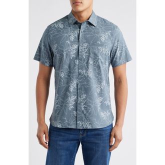 Nordstrom Botanical Print Short Sleeve Stretch Button-Up Shirt in Blue Sketched Botanical at Nordstrom Rack, Size Medium