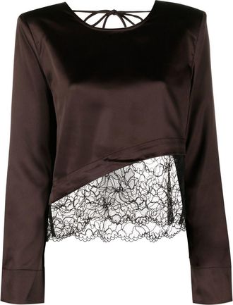 Ganni Mole lace-panel blouse - women - Spandex/Elastane/Recycled Polyester/Polyamide/Recycled Polyamide/Cotton - 38 - Brown
