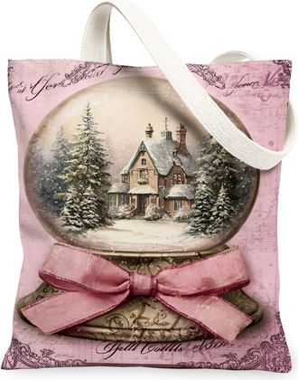 Generic Winter Snow Globe Canvas Tote Bags, Vintage House Design Reusable Grocery Bags, Elegant Lightweight Washable Shoulder Strap, Peach, 13x15 Inch